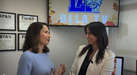 Ms. Elizabeth Perez and former NBC6 News Anchor Pam Giganti discuss the OLLATV Program at the school for the Give Miami Day Campaign which raised $25,000 for the Broadcast Journalism Program.