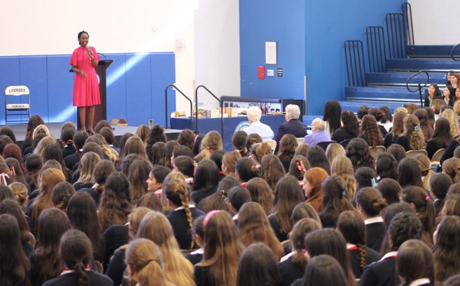 Immaculee Ilibagiza spoke to the school community about her faith journey after the Rwandan Genocide.