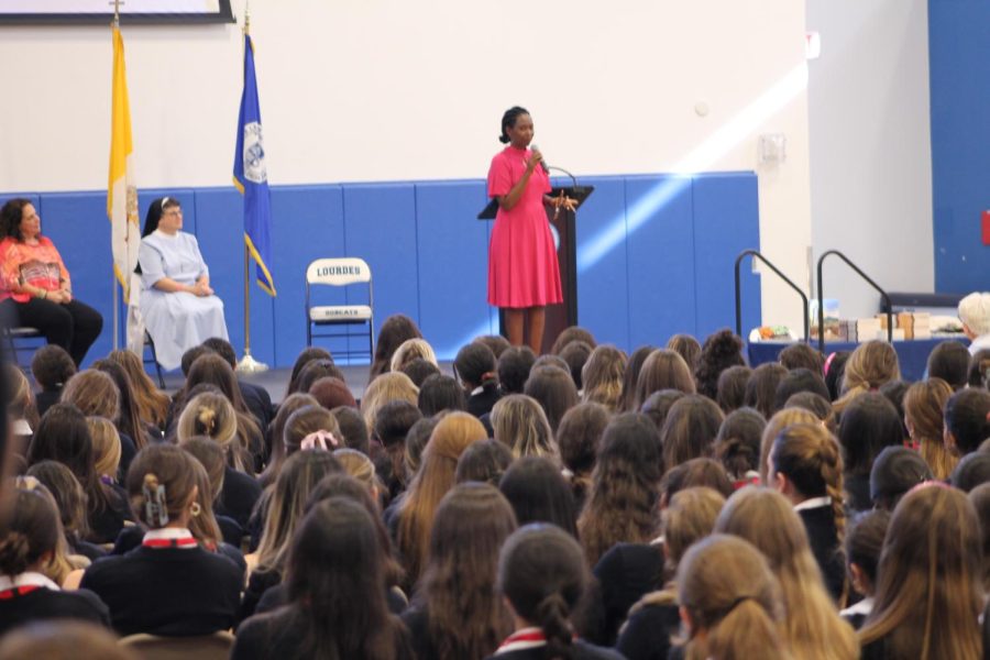 Immaculee Ilibagiza spoke to the school community about her faith journey after the Rwandan Genocide.