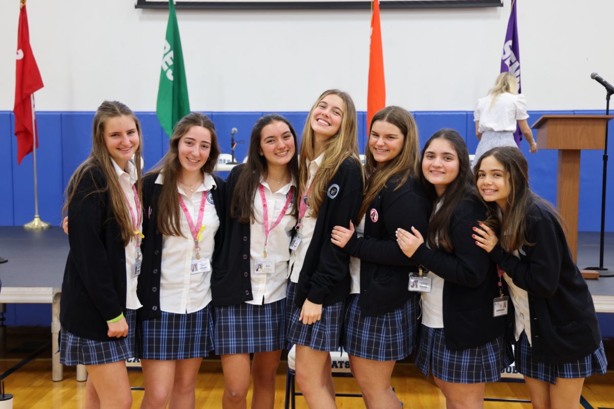 Executive+Board+Candidates+after+giving+their+speeches+at+the+annual+EB+Symposium.+Starting+from+the+left+is+Francesca+Caraballo%2C+followed+by+Chloe+Hanna%2C+Bianca+Baena%2C+Justina+Montaldo%2C+Sofia+Rivero%2C+and+lastly%2C+Samantha+Barreto.+