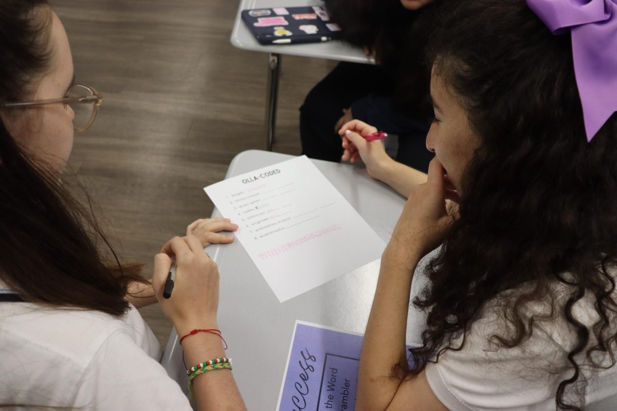 Seniors, Frances Ryan and Sophia Rodriguez, working hard to solve the escape room hosted by their student council representatives.