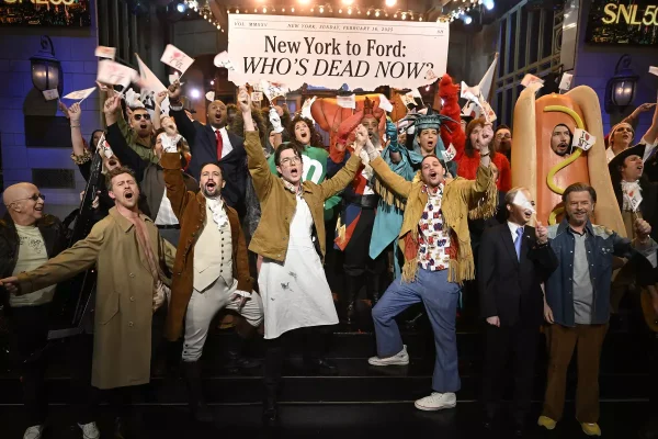 A star-studded cast performing the skit, New York 50th Musical.