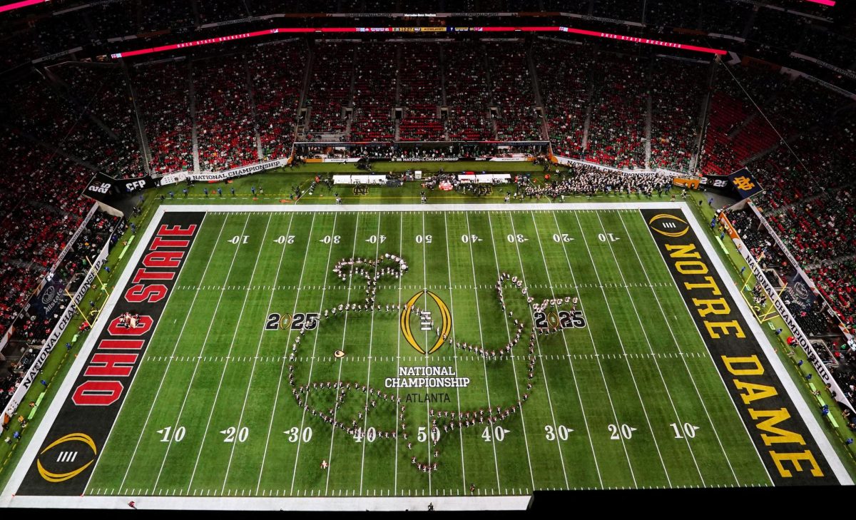 Jan 20, 2025; Atlanta, GA, USA; A general view as the Ohio State Buckeyes marching band performs during half time of the College Football Playoff National Championship game at Mercedes-Benz Stadium. Mandatory Credit: James Lang-Imagn Images