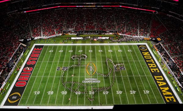 Jan 20, 2025; Atlanta, GA, USA; A general view as the Ohio State Buckeyes marching band performs during half time of the College Football Playoff National Championship game at Mercedes-Benz Stadium. Mandatory Credit: James Lang-Imagn Images